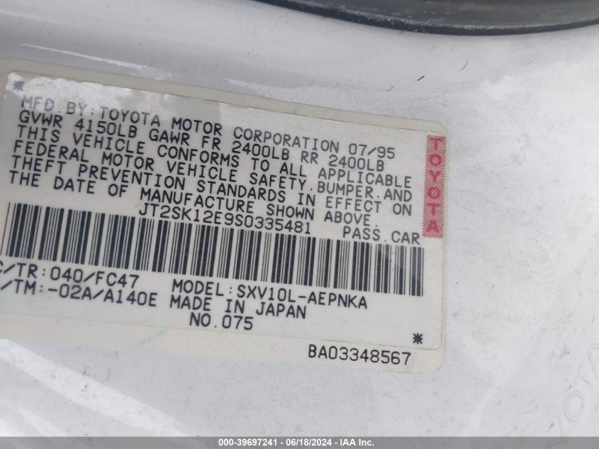 1995 Toyota Camry Le VIN: JT2SK12E9S0335481 Lot: 39697241