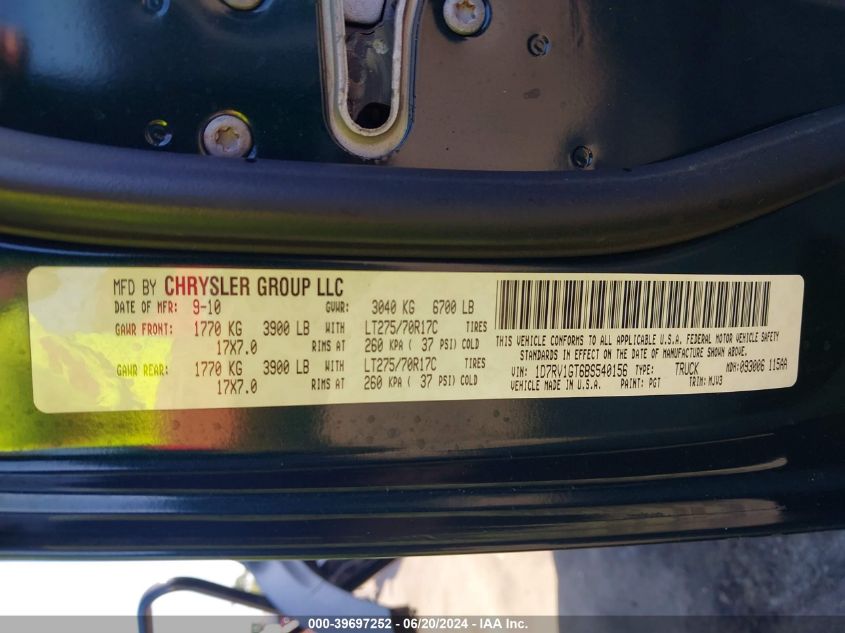 2011 Dodge Ram 1500 VIN: 1D7RV1GT6BS540156 Lot: 39697252