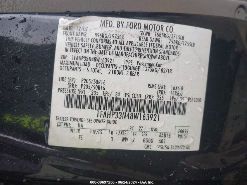 2008 Ford Focus Se/Ses VIN: 1FAHP33N48W163921 Lot: 39697256