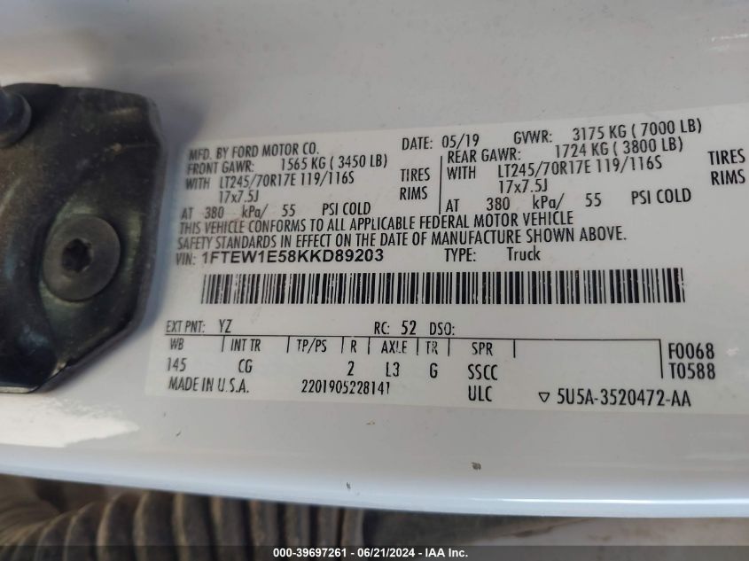 2019 Ford F-150 Xl VIN: 1FTEW1E58KKD89203 Lot: 39697261