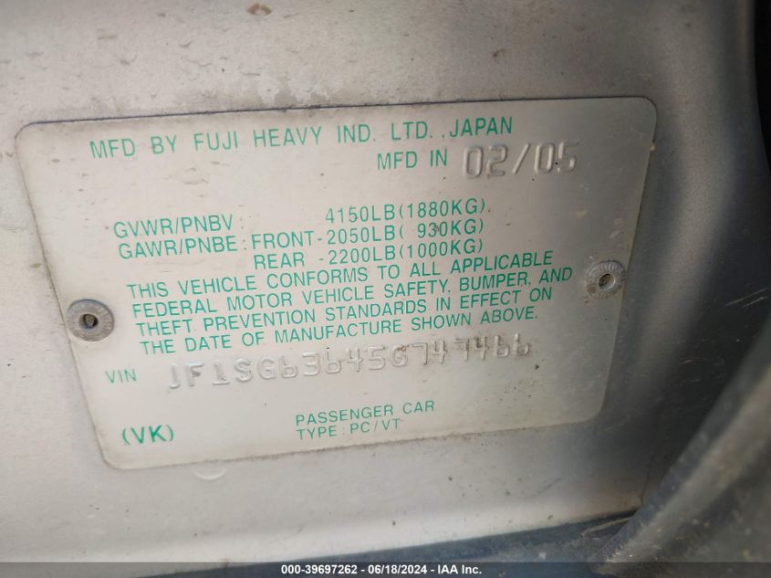 2005 Subaru Forester 2.5X VIN: JF1SG63645G747466 Lot: 39697262