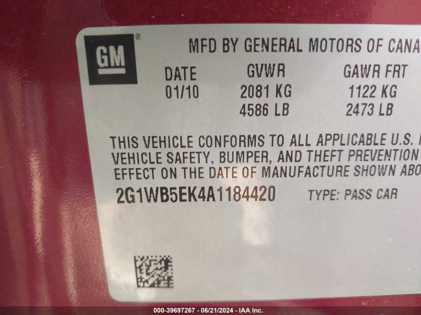 2010 Chevrolet Impala Lt VIN: 2G1WB5EK4A1184420 Lot: 39697267