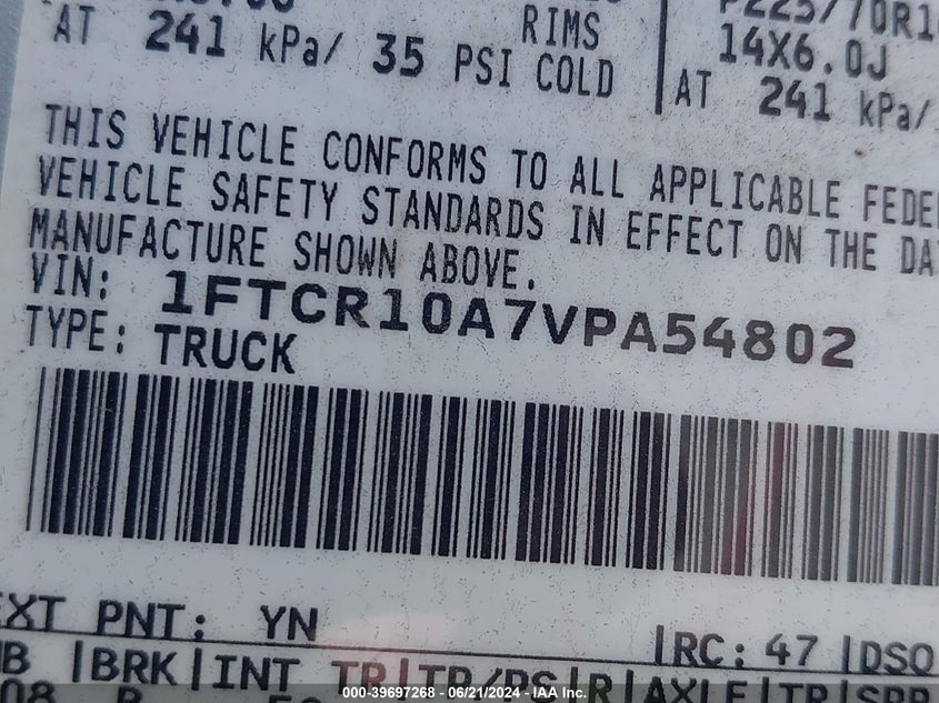 1997 Ford Ranger Splash/Xl/Xlt VIN: 1FTCR10A7VPA54802 Lot: 39697268