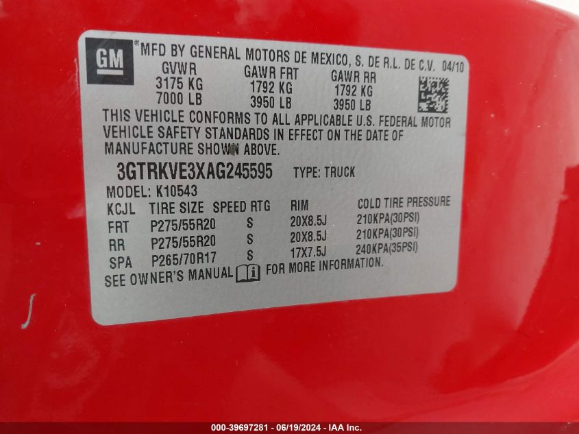 2010 GMC Sierra 1500 Sle VIN: 3GTRKVE3XAG245595 Lot: 39697281