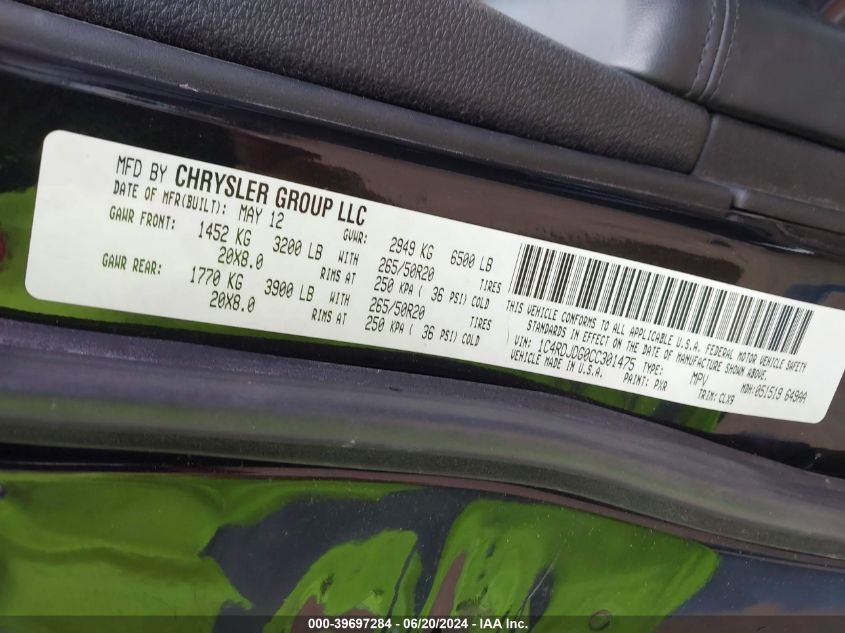 2012 Dodge Durango Crew VIN: 1C4RDJDG0CC301475 Lot: 39697284