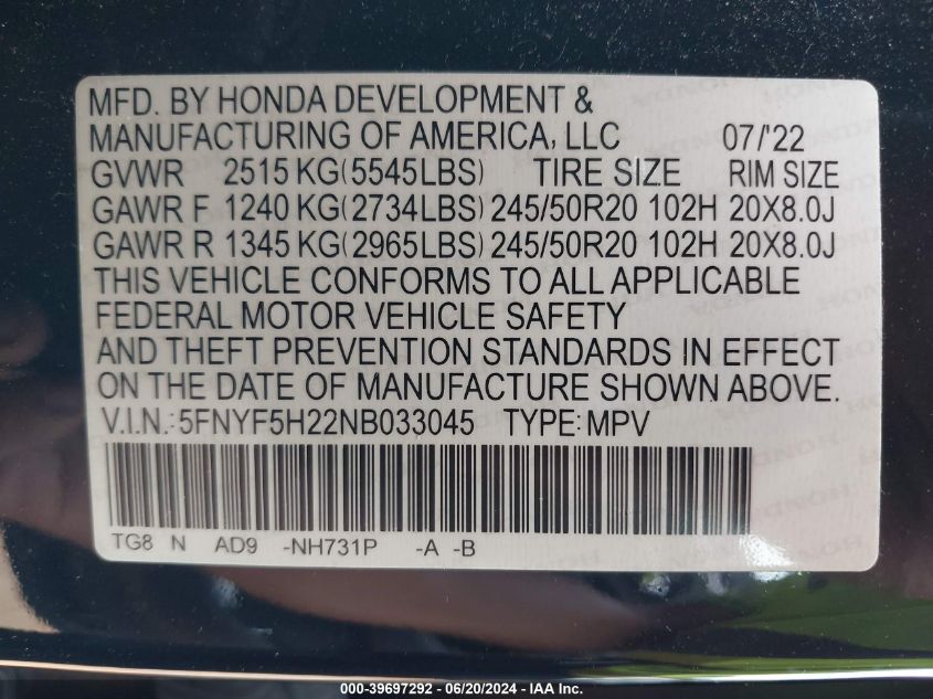 2022 Honda Pilot 2Wd Special Edition VIN: 5FNYF5H22NB033045 Lot: 39697292