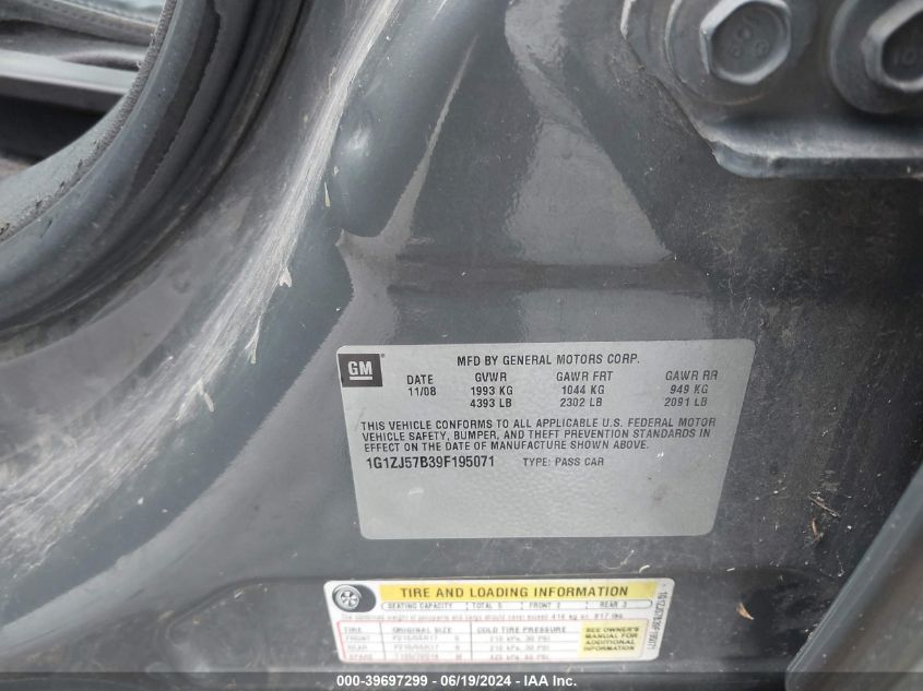 2009 Chevrolet Malibu Lt VIN: 1G1ZJ57B39F195071 Lot: 39697299