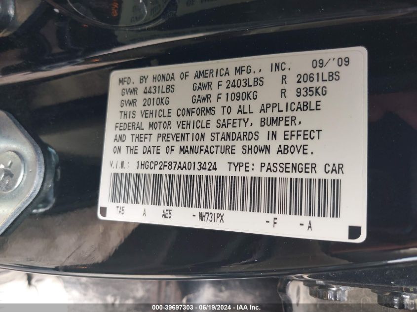 2010 Honda Accord 2.4 Ex-L VIN: 1HGCP2F87AA013424 Lot: 39697303