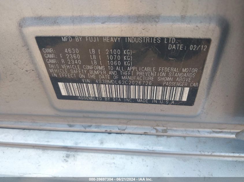 2012 Subaru Legacy 3.6R Limited VIN: 4S3BMDL62C2026726 Lot: 39697304