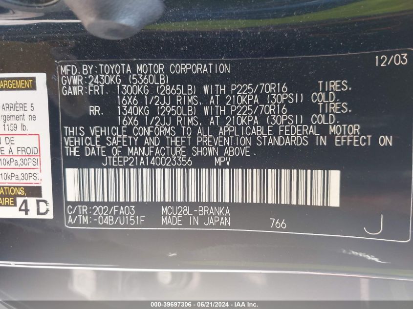 2004 Toyota Highlander V6 VIN: JTEEP21A140023356 Lot: 39697306