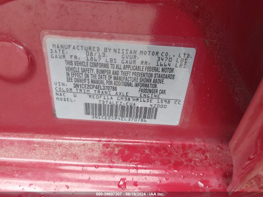 2014 Nissan Versa Note Sv VIN: 3N1CE2CP4EL370786 Lot: 39697307