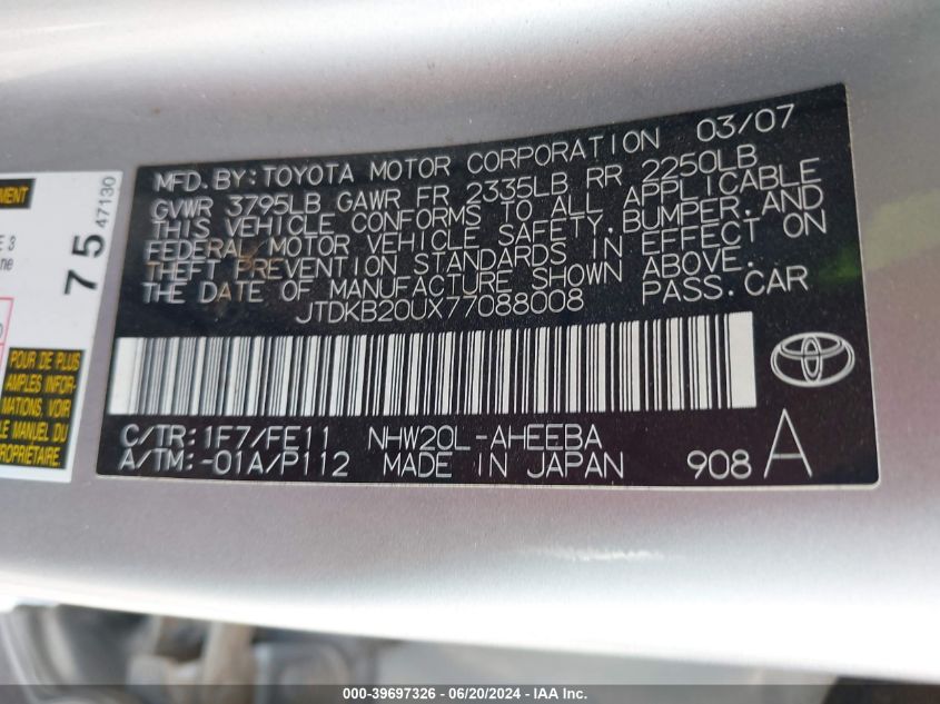 2007 Toyota Prius VIN: JTDKB20UX77088008 Lot: 39697326
