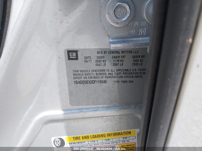 2012 Buick Lacrosse Premium 1 Group VIN: 1G4GD5E32CF116946 Lot: 39697327