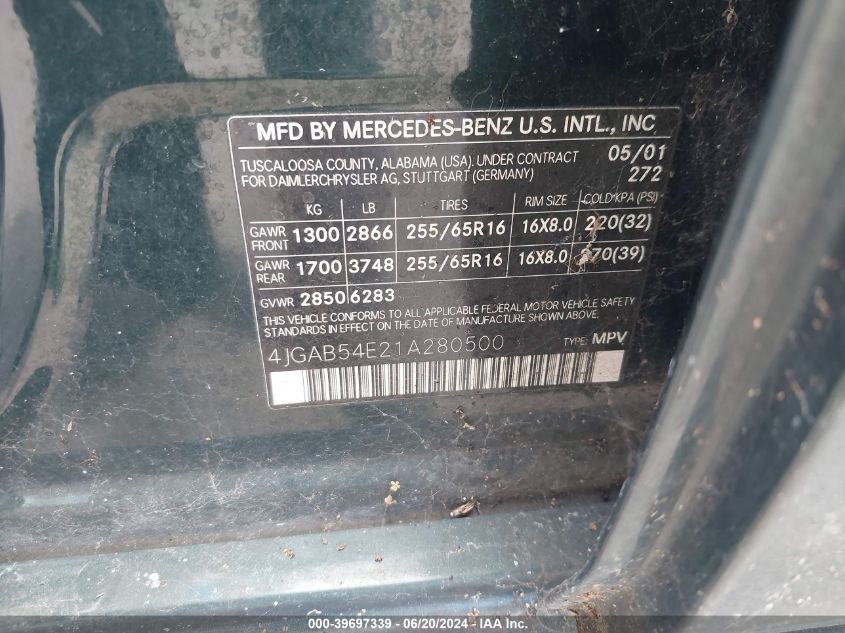 2001 Mercedes-Benz Ml 320 VIN: 4JGAB54E21A280500 Lot: 39697339