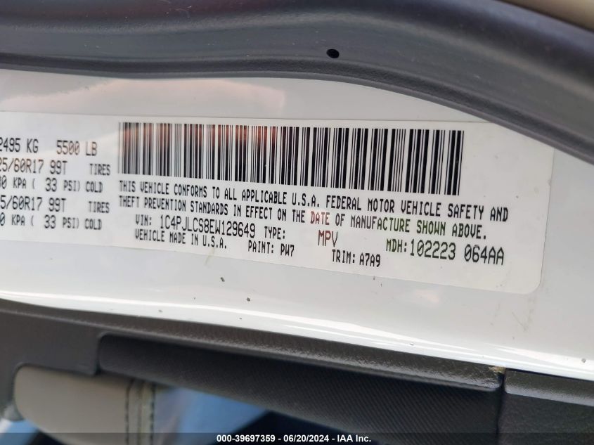 2014 Jeep Cherokee Latitude VIN: 1C4PJLCS8EW129649 Lot: 39697359