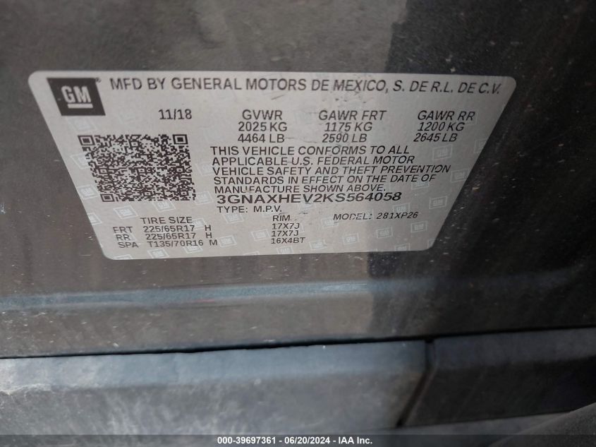 2019 Chevrolet Equinox Ls VIN: 3GNAXHEV2KS564058 Lot: 39697361