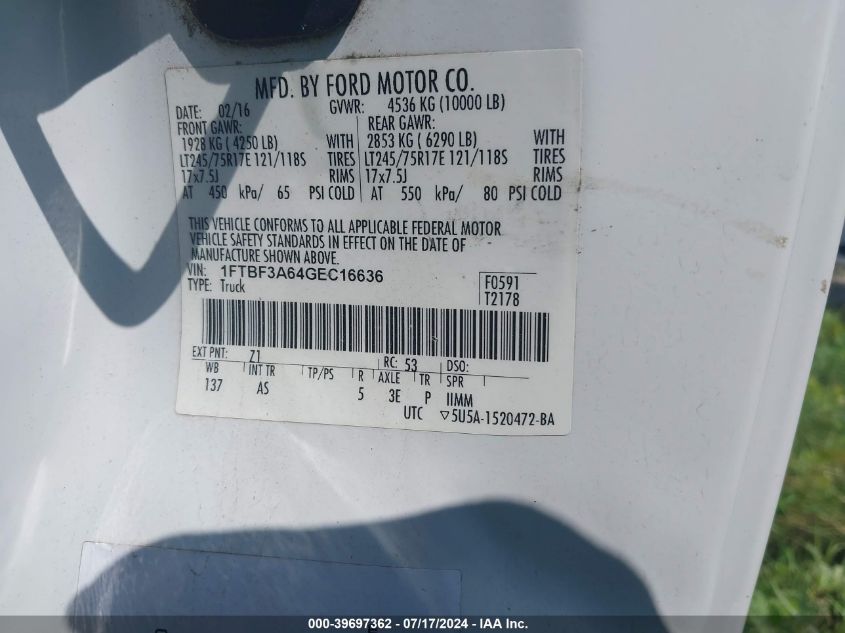 2016 Ford F-350 Xl VIN: 1FTBF3A64GEC16636 Lot: 39697362