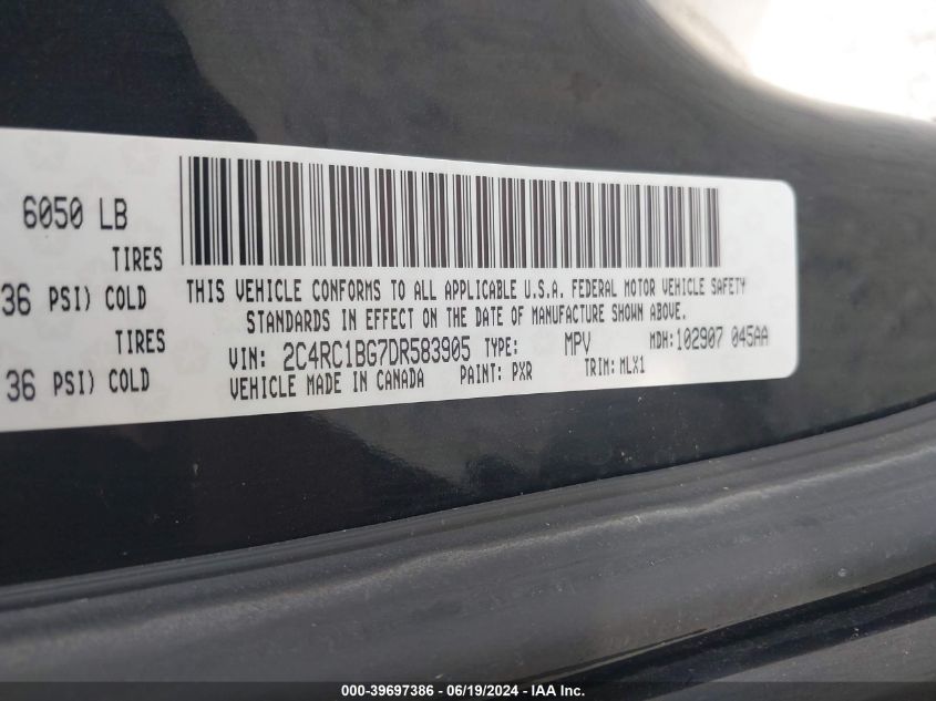 2013 Chrysler Town & Country Touring VIN: 2C4RC1BG7DR583905 Lot: 39697386