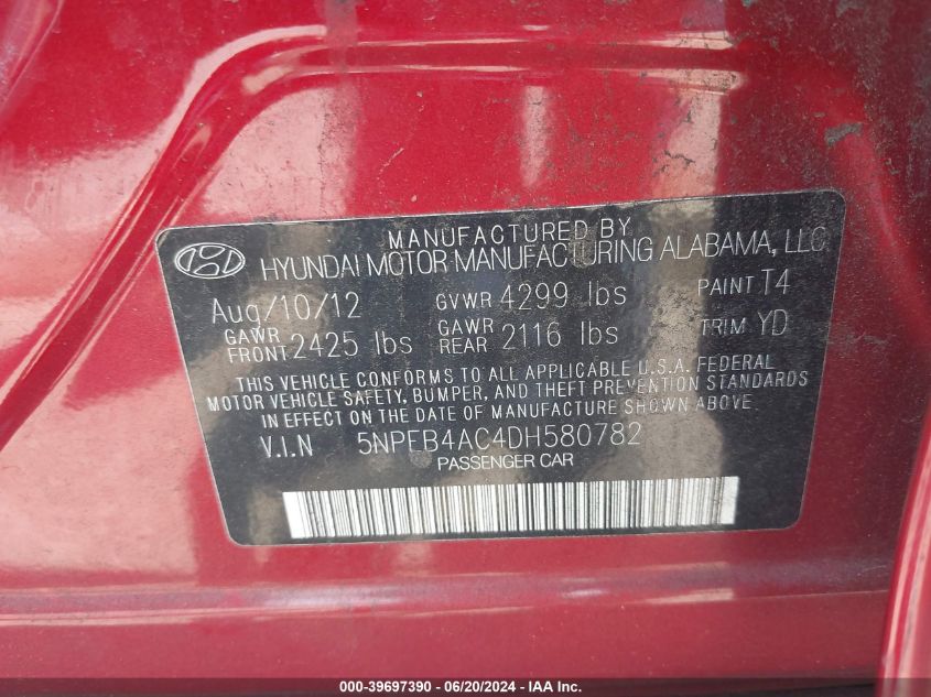 2013 Hyundai Sonata Gls VIN: 5NPEB4AC4DH580782 Lot: 39697390