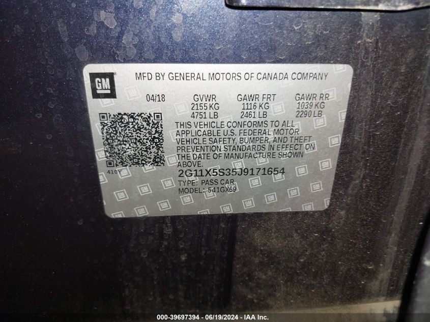 2018 Chevrolet Impala 1Fl VIN: 2G11X5S35J9171654 Lot: 39697394
