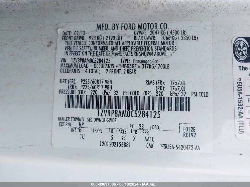 2012 Ford Mustang V6 VIN: 1ZVBP8AM0C5284125 Lot: 39697396