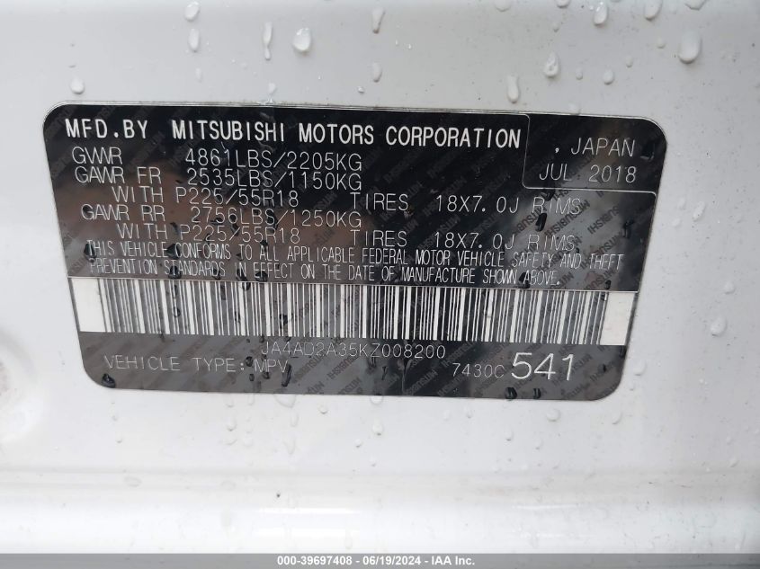 2019 Mitsubishi Outlander Es VIN: JA4AD2A35KZ008200 Lot: 39697408