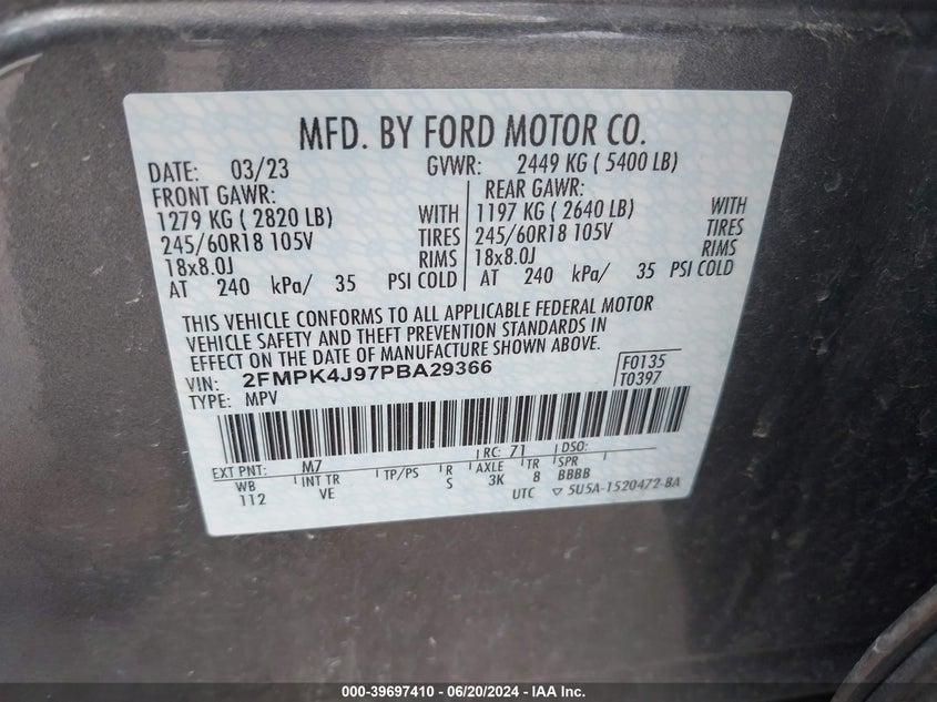 2023 Ford Edge Sel VIN: 2FMPK4J97PBA29366 Lot: 39697410