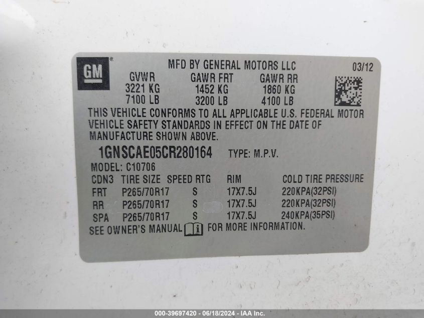 2012 Chevrolet Tahoe Ls VIN: 1GNSCAE05CR280164 Lot: 39697420