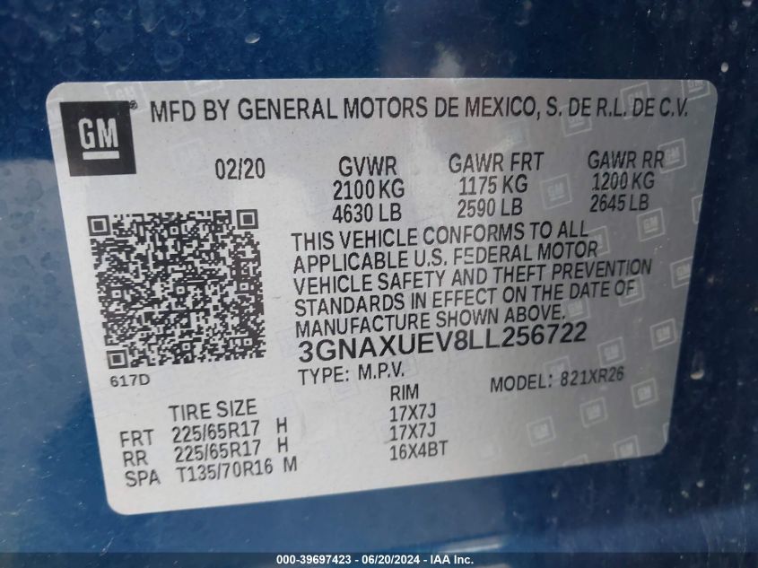 2020 Chevrolet Equinox Lt VIN: 3GNAXUEV8LL256722 Lot: 39697423