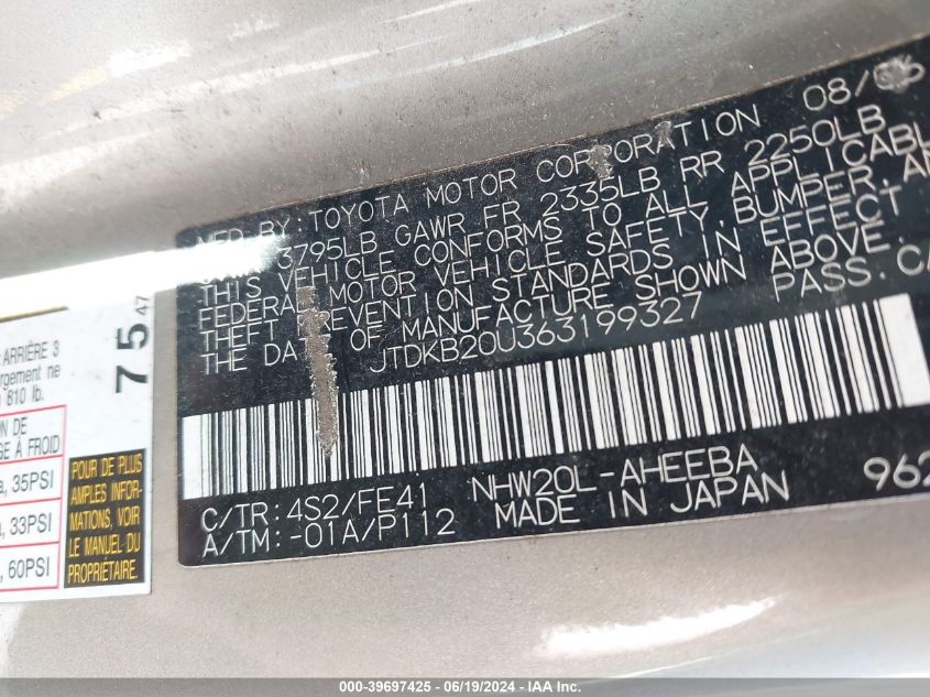 2006 Toyota Prius VIN: JTDKB20U363199327 Lot: 39697425