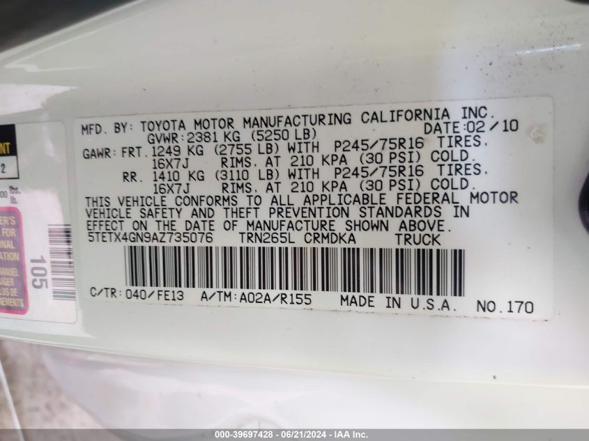 2010 Toyota Tacoma Prerunner Access Cab VIN: 5TETX4GN9AZ735076 Lot: 39697428