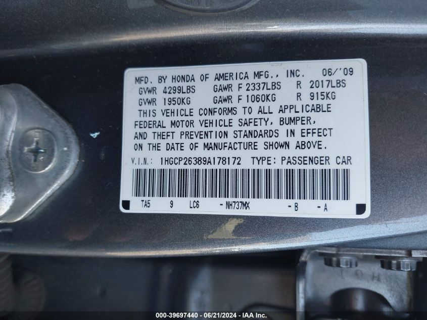 2009 Honda Accord 2.4 Lx VIN: 1HGCP26389A178172 Lot: 39697440