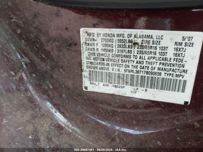 2007 Honda Odyssey Ex-L VIN: 5FNRL38717B090658 Lot: 39697451