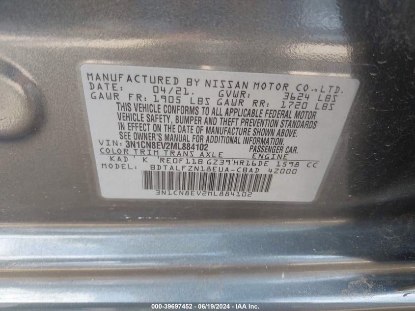 2021 Nissan Versa Sv Xtronic Cvt VIN: 3N1CN8EV2ML884102 Lot: 39697452