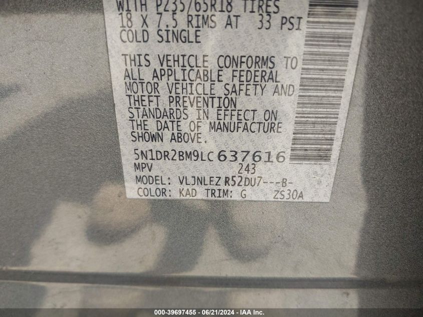 2020 Nissan Pathfinder Sv 4Wd VIN: 5N1DR2BM9LC637616 Lot: 39697455