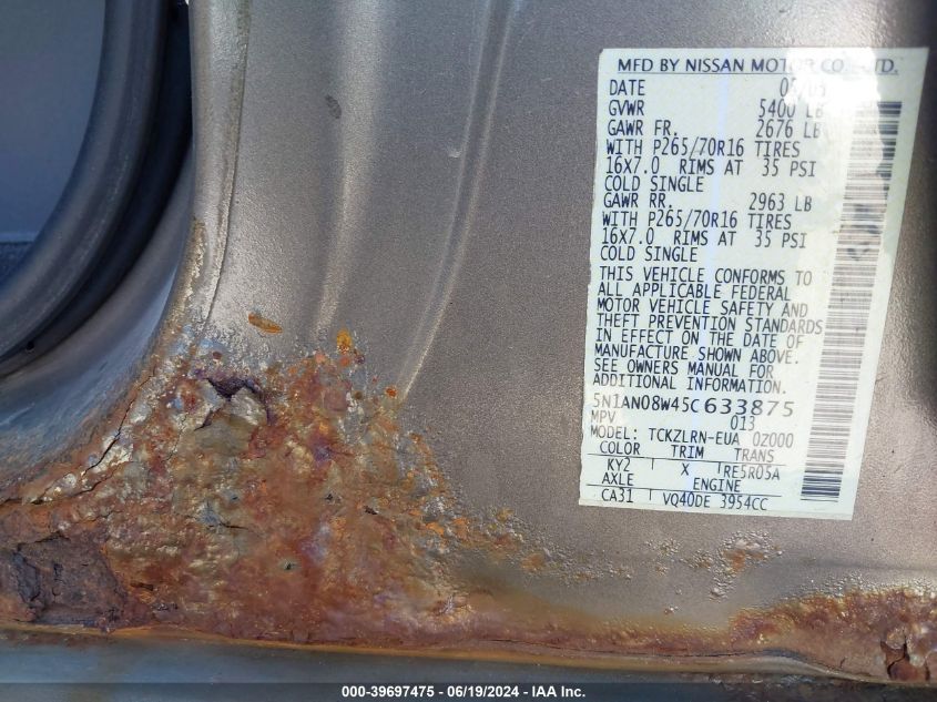 2005 Nissan Xterra S VIN: 5N1AN08W45C633875 Lot: 39697475