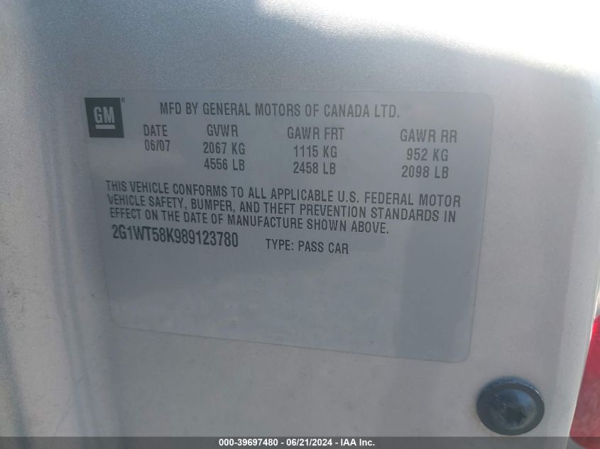 2008 Chevrolet Impala Lt VIN: 2G1WT58K989123780 Lot: 39697480