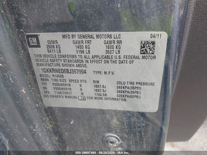 2011 GMC Acadia Sl VIN: 1GKKRNED6BJ367994 Lot: 39697488
