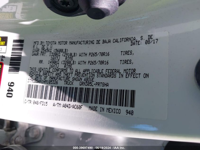 2017 Toyota Tacoma Trd Off Road VIN: 3TMCZ5AN1HM105326 Lot: 39697490