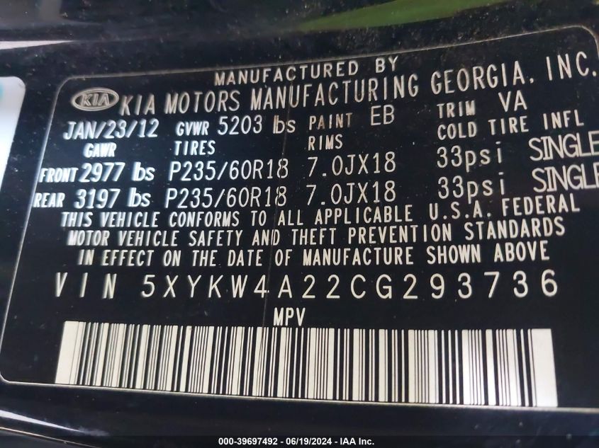 2012 Kia Sorento Sx V6 VIN: 5XYKW4A22CG293736 Lot: 39697492