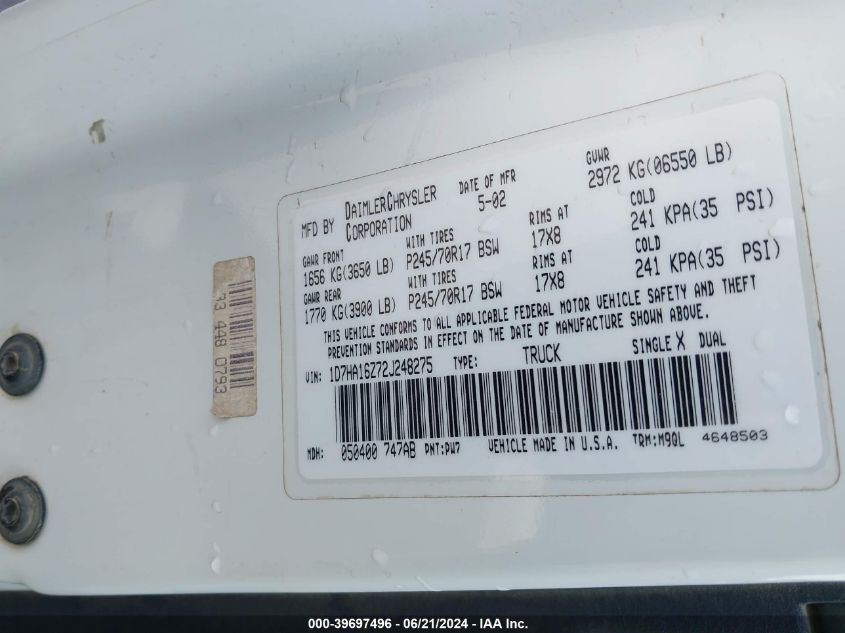 2002 Dodge Ram 1500 St VIN: 1D7HA16Z72J248275 Lot: 39697496