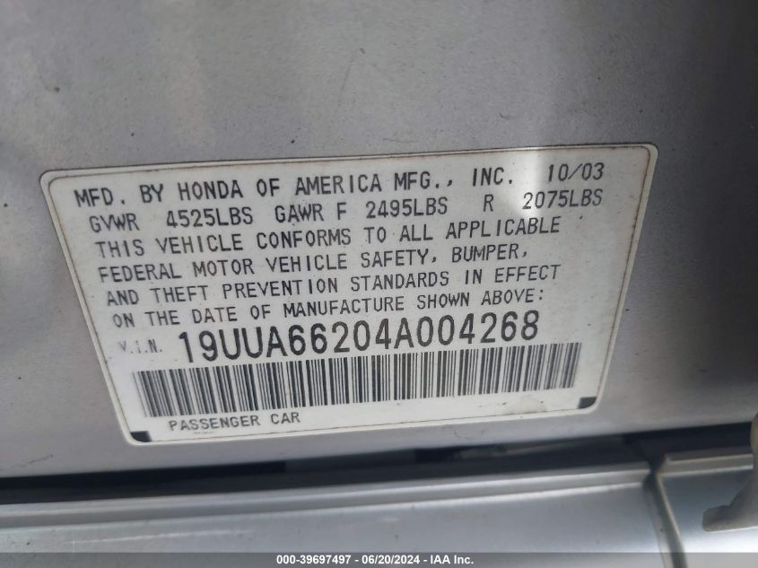 2004 Acura Tl VIN: 19UUA66204A004268 Lot: 39697497