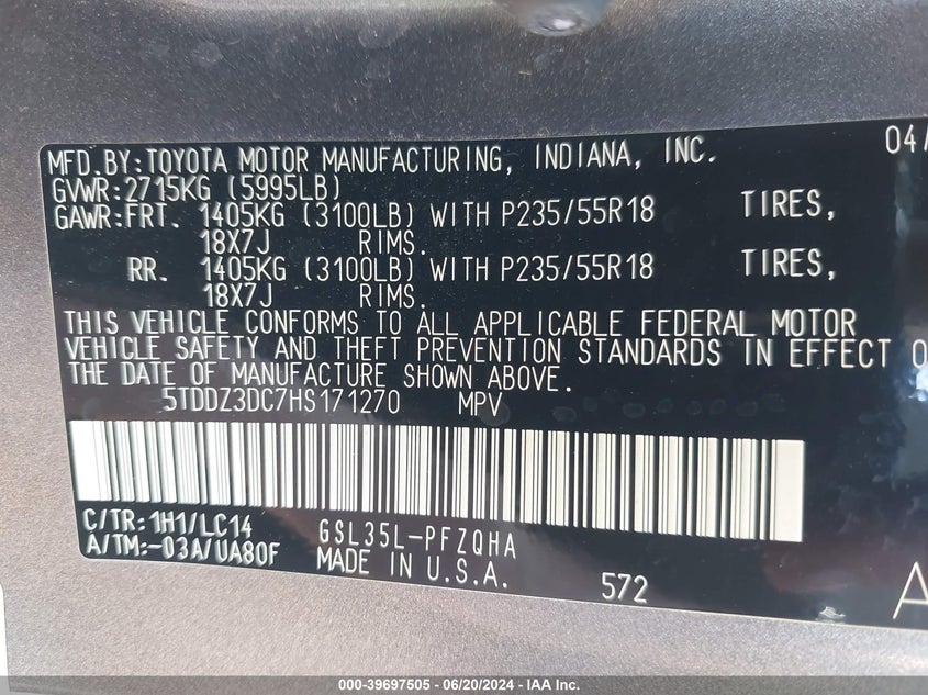 2017 Toyota Sienna Xle 7 Passenger VIN: 5TDDZ3DC7HS171270 Lot: 39697505