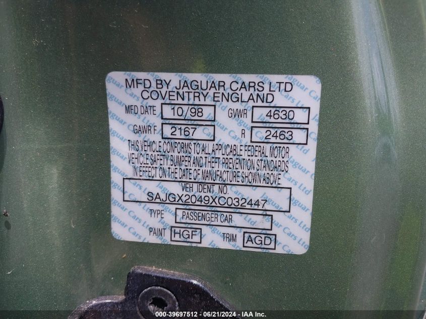 1999 Jaguar Xk8 VIN: SAJGX2049XC032447 Lot: 39697512
