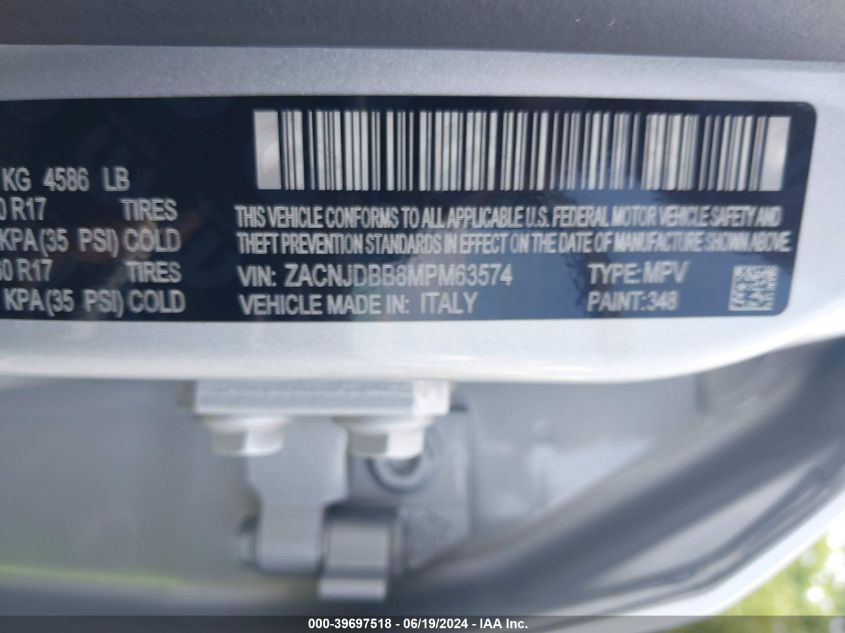 2021 Jeep Renegade Latitude 4X4 VIN: ZACNJDBB8MPM63574 Lot: 39697518