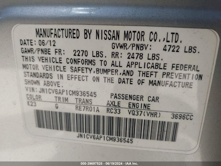 2012 Infiniti G37 Journey VIN: JN1CV6AP1CM936545 Lot: 39697525