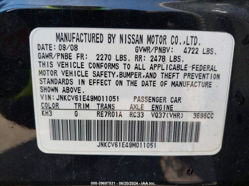 2009 Infiniti G37 Journey VIN: JNKCV61E49M011051 Lot: 39697531