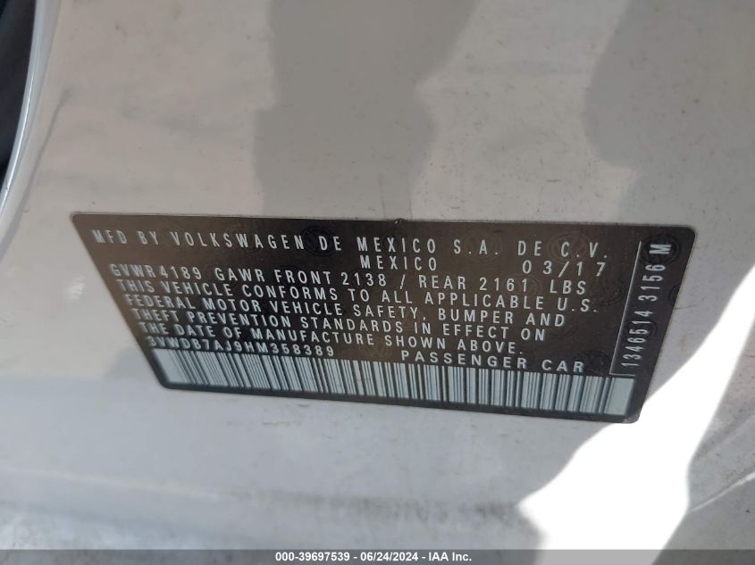 2017 Volkswagen Jetta 1.4T Se VIN: 3VWDB7AJ9HM358389 Lot: 39697539