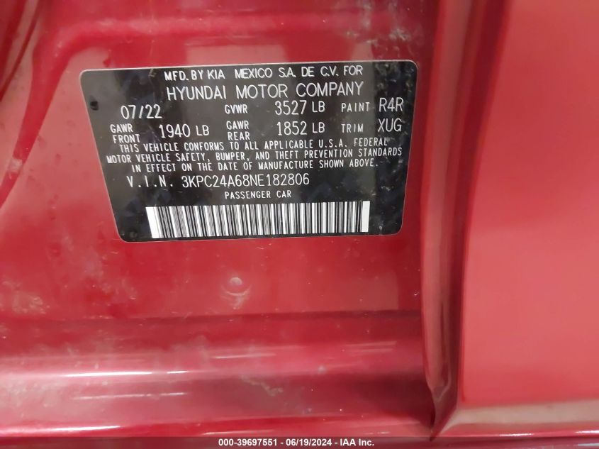 2022 Hyundai Accent Se VIN: 3KPC24A68NE182806 Lot: 39697551