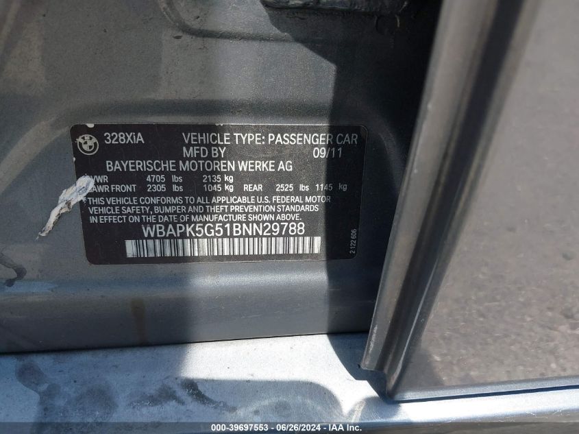 2011 BMW 328I xDrive VIN: WBAPK5G51BNN29788 Lot: 39697553